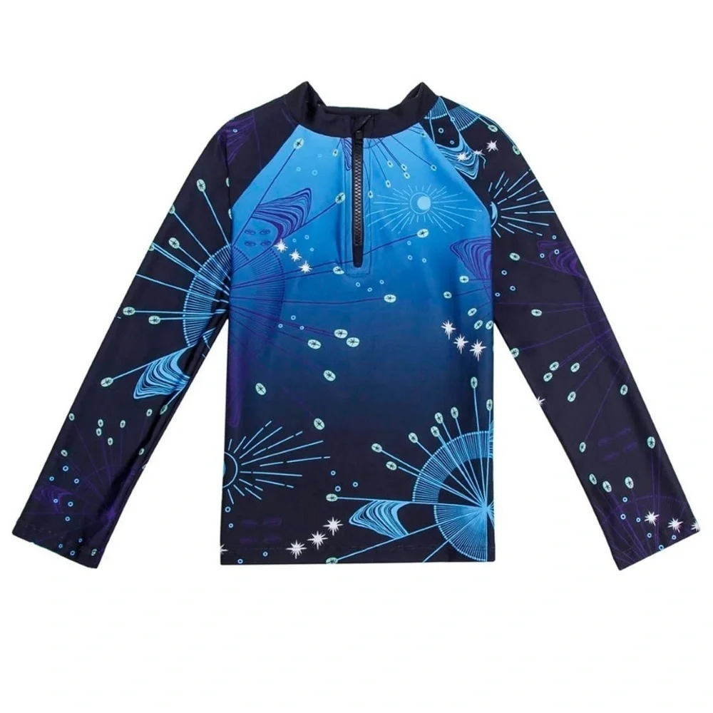 NWT Agua Bendita Noah Eter Celestial Rash Guard Blue Colorful Zipper Kids